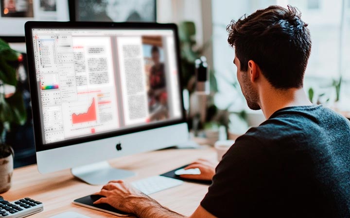 Diseñador editorial trabajando en un catálogo impreso de alta calidad en un estudio gráfico de Málaga.